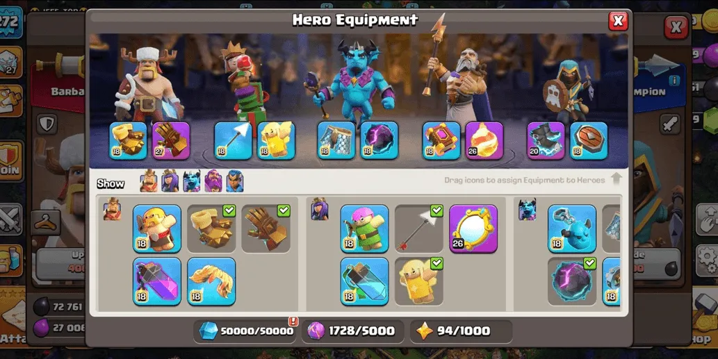 COC550 3 SCENERY TH17 FULL MAX EXP 272 HERO 100 100 85 75 50 STRONG TROOPS SPELLS PETS EQUIPMENT CN 1500 (G)